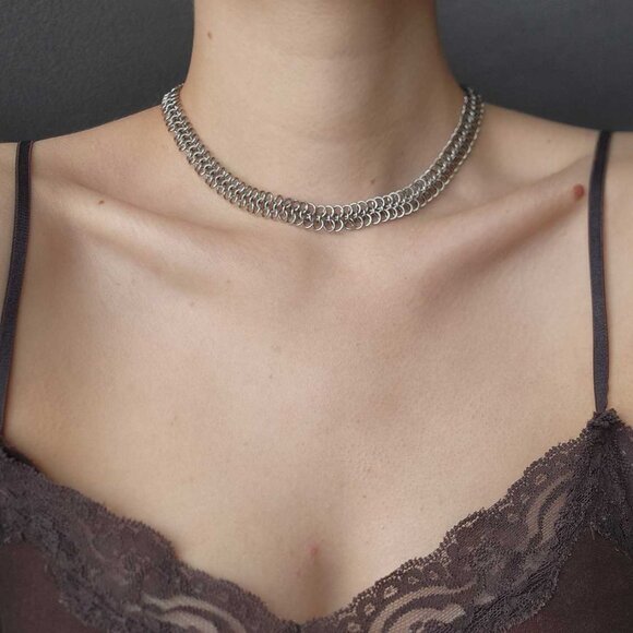 Gothic Medieval silver chainmail choker necklace - Picture 7 of 9
